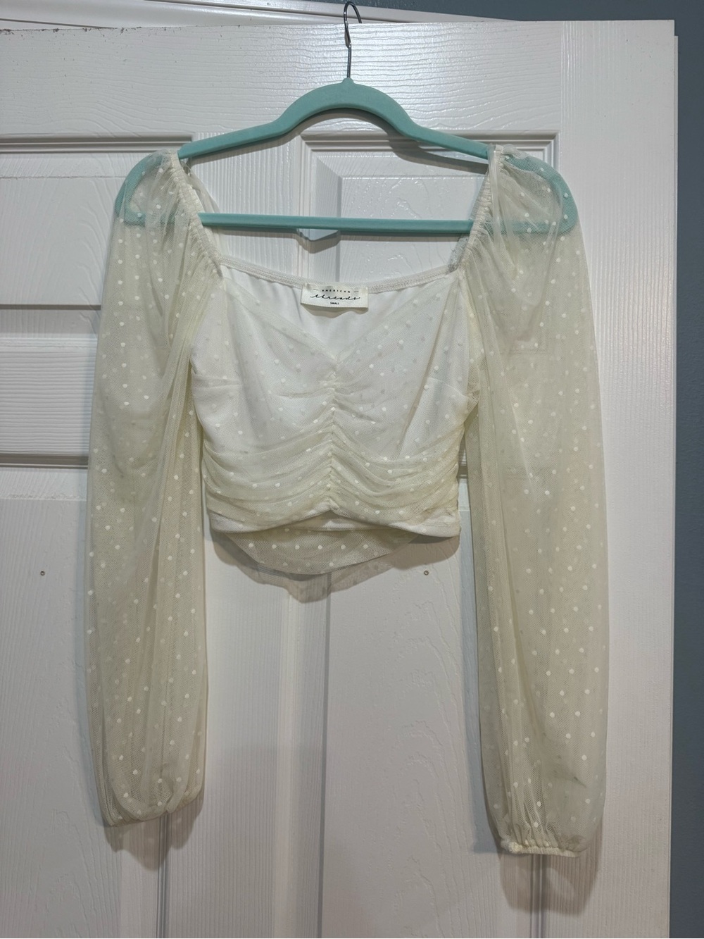 American Threads Sheer Polka-Dot Ivory Puff-Sleeve Crop Top